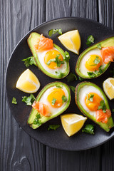 Healthy breakfast: Baked avocado with egg and salmon closeup. Vertical top view