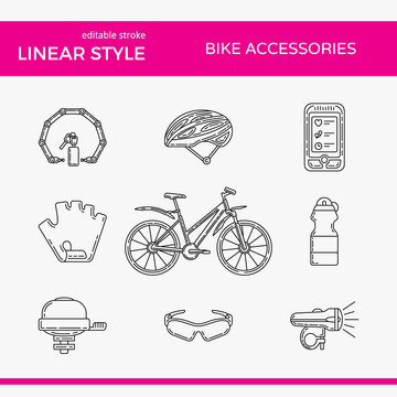 Set of vector outline icons with bicycle and accessories. Editable stroke design elements. Perfect for bike rental, store or repair business.