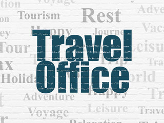 Vacation concept: Painted blue text Travel Office on White Brick wall background with  Tag Cloud