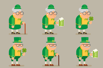Grandfather Grandmother Old Man Male Female Character Clover Green Beer Walking Stick Cartoon Flat Design Vector illustration