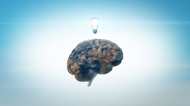 3D Illustration Brain image with Earth texture and lightbulb above