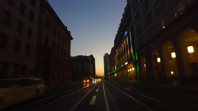 POV Car Driving in Berlin Mitte at night, heading toward Potsdamer Platz. Gyro-stabilized camera.
