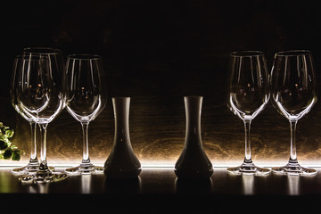 Close up empty glasses in restaurant natural light.