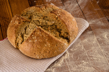Traditional Irish Soda Bread Made For St. Patrick's Day Served On Floured Wooden Table