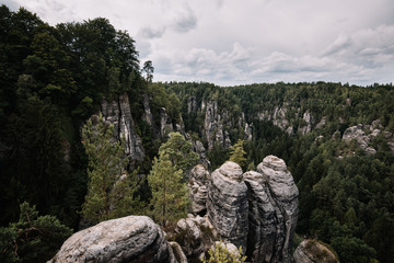 Bastei rock formation above Elbe river in Saxon Switzerland national park, Germany