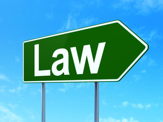 Law concept: Law on green road highway sign, clear blue sky background, 3D rendering