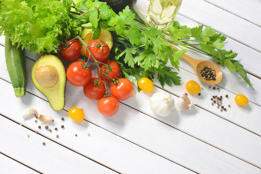 Healthy food,Vegetables and fruits on white wooden table