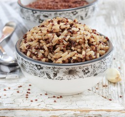 Cooked brown rice Quinoa bowl, selective focus