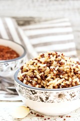 Cooked brown rice Quinoa bowl, selective focus