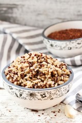 Cooked brown rice Quinoa bowl, selective focus