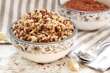 Cooked brown rice Quinoa bowl, selective focus