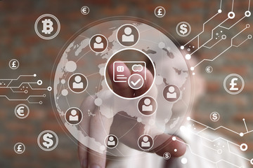 Businessman pushing button credit card network map currency icon