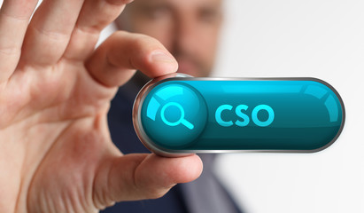 The concept of business, technology, the Internet and the network. A young entrepreneur working on a virtual screen of the future and sees the inscription: CSO
