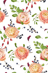 Vector Seamless floral pattern of pink rose ranunculus flowers, greenery fern leaf, blue berry.  Hand drawn background in watercolor style. Botanical, decorative rustic, wallpaper paper print on white