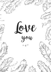 Vector card design with bird Feather bead hand drawn graphic frame border. Monochrome Black gray ink pen linear drawings in boho style for invite greeting wedding invitation Beautiful elegant template