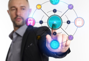 The concept of business, technology, the Internet and the network. A young entrepreneur working on a virtual screen of the future and sees the inscription: Protect your data