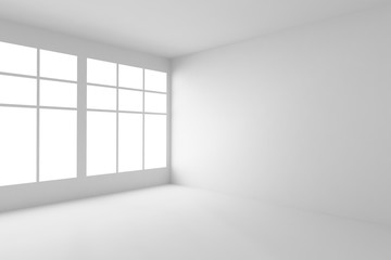 Empty white room corner with windows, white interior