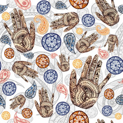  Watercolor seamless pattern on Indian theme, turkish cucumber in red and orange colors with human hands, palms with a pattern of mehendi, for decorating walls, fabric, printed products on a white bac