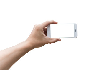 Man hand holding white phone with white blank screen. smart phone on selfie isolated on white with clipping path
