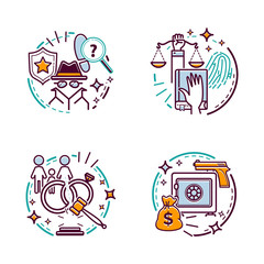 Lawyer service and justice icons. Court and law. Vector cartoon illustration