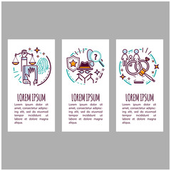 Obraz premium Set of justice and lawyer service banners. Court and law. Vector cartoon illustration