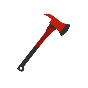 Red firefighter axe icon, flat style