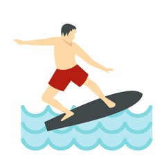 Surfer man on surfboard icon, flat style