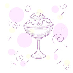 Fresh ice-cream balls with chocolate in the vase. Hand-drawn sketch style. 