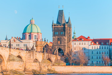 Fototapeta na wymiar Prague Castle and Charles Bridge, Prague, Czech Republic, Vltava river in foreground