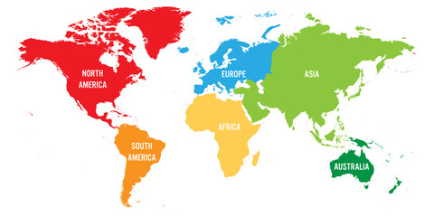 Mapa świata podzielona na sześć kontynentów. Każdy kontynent w innym kolorze - obrazy, fototapety, plakaty