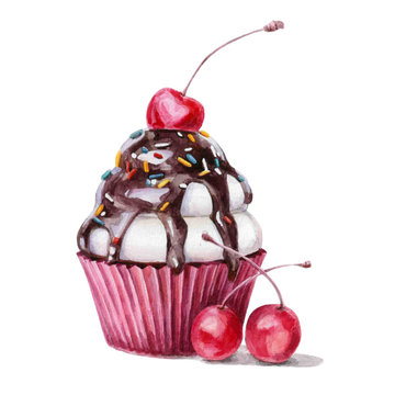 Cherry capkake - watercolor illustration on a white background