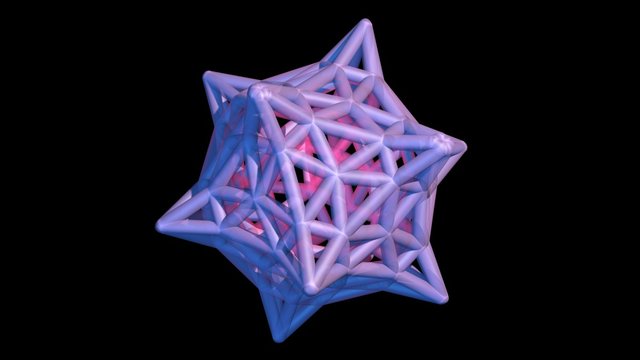 3d art, evolving polyhedra star shape geometry.Glowing rose, pink interior. 3d Rendering