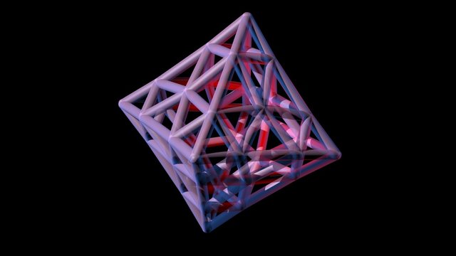 3d geometry, pyramid form with tubular structure. Glowing rose pink interior. 3d rendering