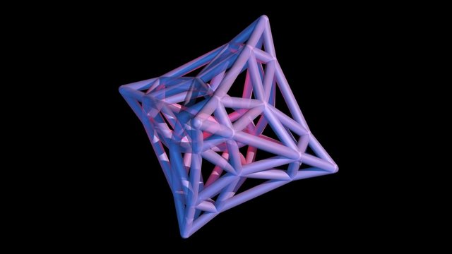 3d geometry, tetrahedra extruded corners. Glowing rose pink interior. 3d rendering
