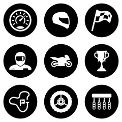 Set of white icons isolated against a black background, on a theme Motorcycle race