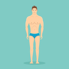 Full length man in swimming trunks isolated on background. Front view. Flat style vector illustration.