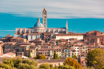 Beautiful view of Dome and campanile of Siena Cathedral, Duomo di Siena, and Old Town of medieval city of Siena in the sunny day, Tuscany, Italy - obrazy, fototapety, plakaty