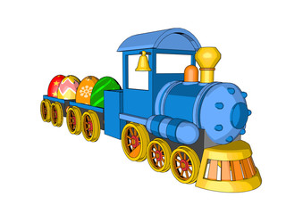 easter card toy locomotive toys railway car cartoon style blue wheel orange freight cars cargo eggs easter eggs isolated white    © eddystocker