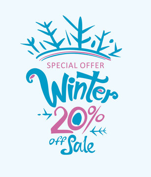 Winter 20% off sale. Handwritten vector lettering template. Sales Promotion Poster.