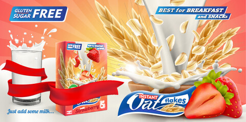 Delicious Oat flakes with raw strawberry and big milk splash in glass advertising flyer vector illustration. Packaging carton design sample. High quality art for ads broshure, poster or label 