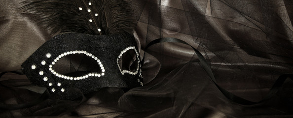 Image of elegant dramatic black venetian mask over tulle background.