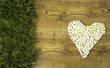 drawn heart with marshmallows and grass