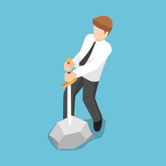 Isometric businessman trying to pull sword from stone.