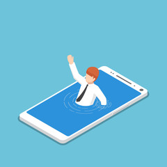 Isometric businessman drowning in smartphone.