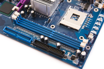 Fototapeta premium close up of RAM connector slot and CPU Socket on computer motherboard