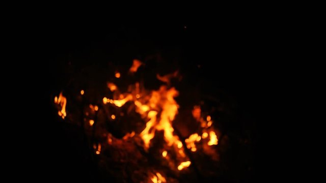 Fire in nature. Bokeh from the fire. Blurred backgrounds. Space views. Sparks are beautifully flying right at you. Shooting speed 60fps, slow motion. Live shooting of the most beautiful flame.