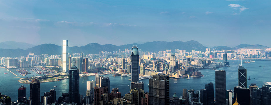 Panorama view of Hong Kong business district city skyline.