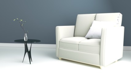 Living Room interior with gray fabric sofa and pillows on modern dark wall background,3d rendering