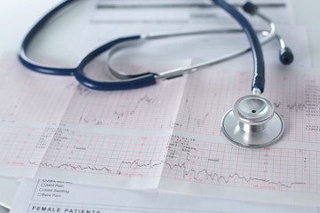 docter workplace with a stethoscope Cardiogram chart with medical table closeup,for heart record