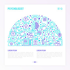 Psychologist concept in half circle with thin line icons: psychiatrist, disease history, armchair, pendulum, antidepressants, psychological support. Vector illustration, web page template.